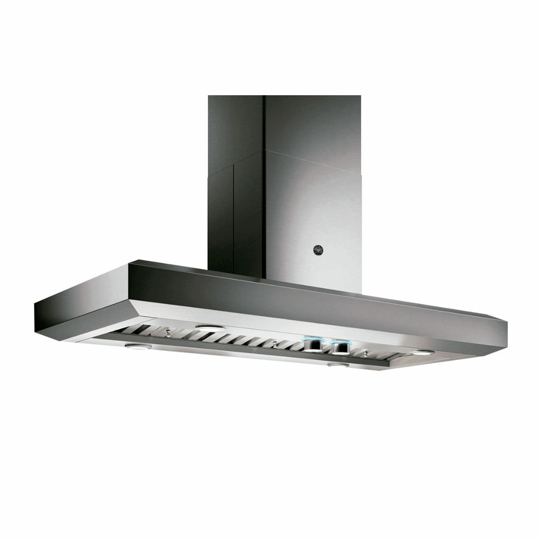 Coifa Bertazzoni Vavano de Ilha Inox 122cm em inox escovado, formato retangular, iluminação LED e duto aparente para instalação em ilha